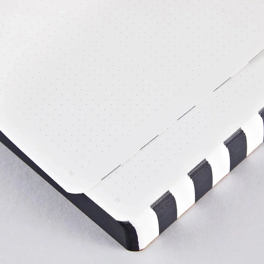 Internal pages of the Nuuna Prêt-À-Écrire stripped notbook showing the dot grid on the internal pages and the continuous strip along the page edges.