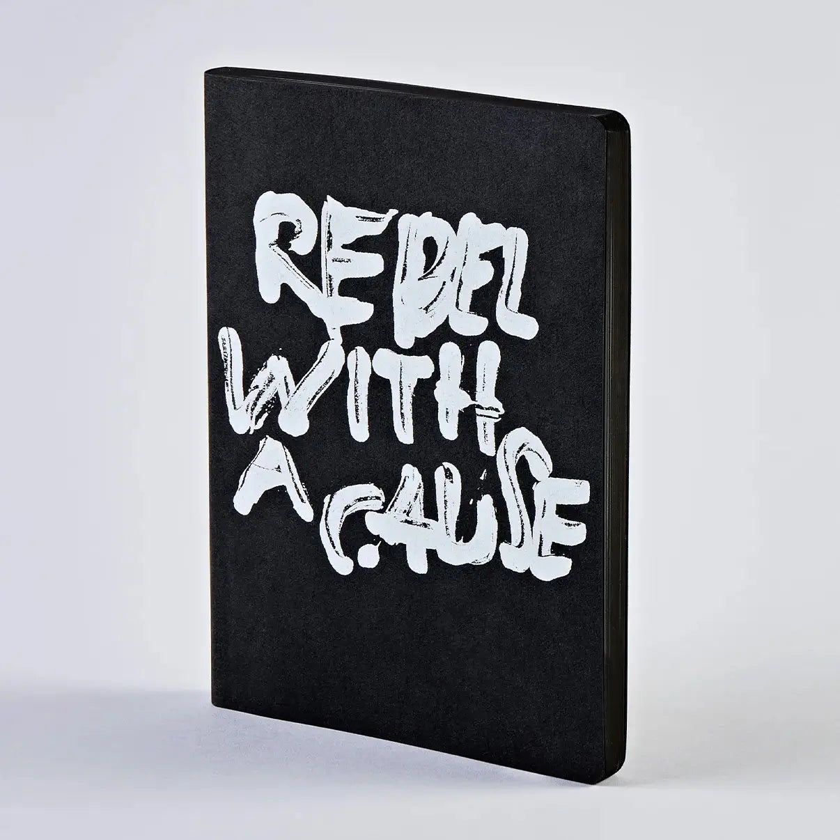 Black Nuuna Rebel with a Cause notebook as seen from the front on a white background.