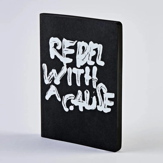 Black Nuuna Rebel with a Cause notebook as seen from the front on a white background.