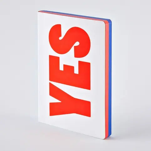 Nuuna ‘YES-NO’ A5+ notebook with red and blue graphic design on recycled leather cover.