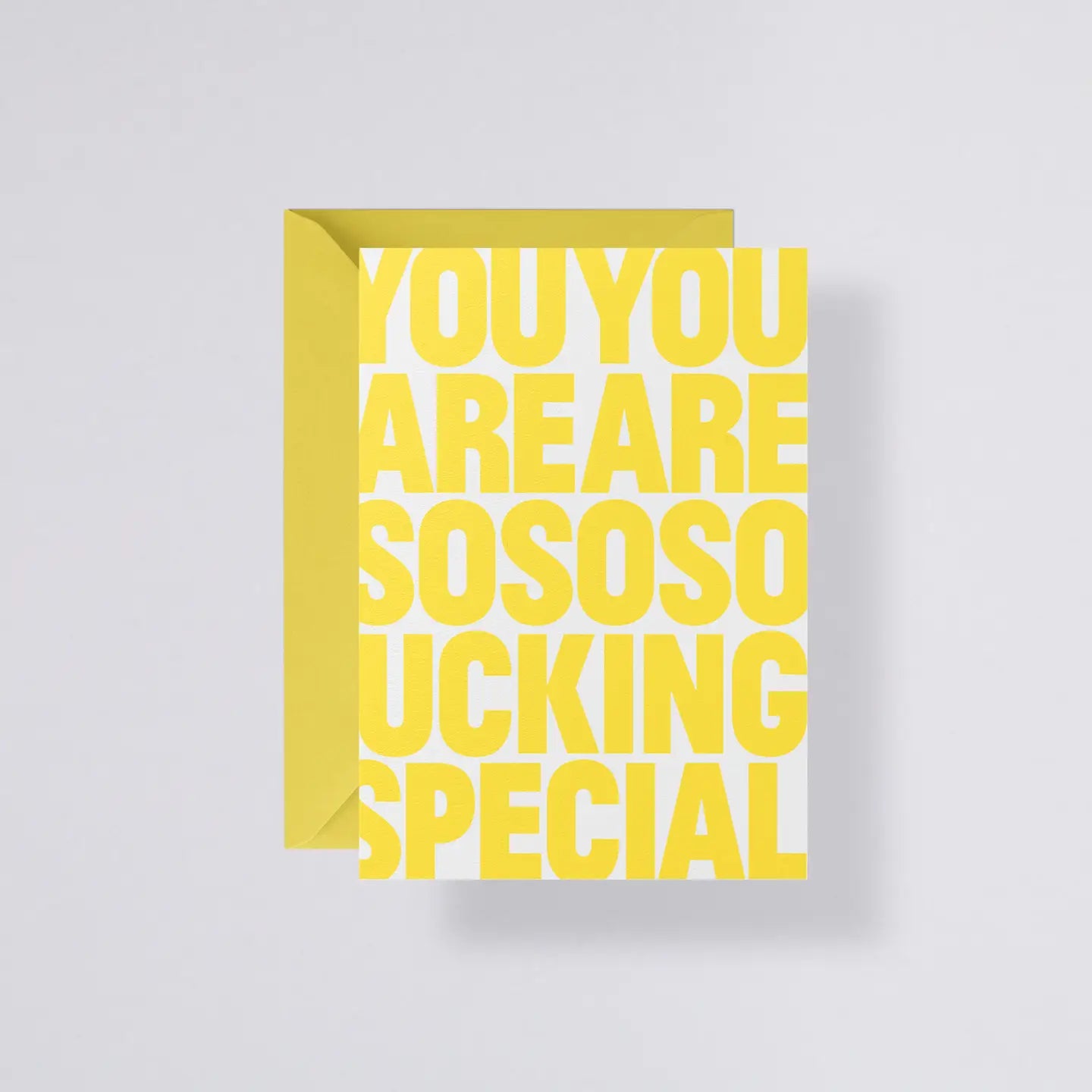 Premium Nuuna stationery card reading ‘You Are So Fucking Special’ paired with bright yellow envelope.