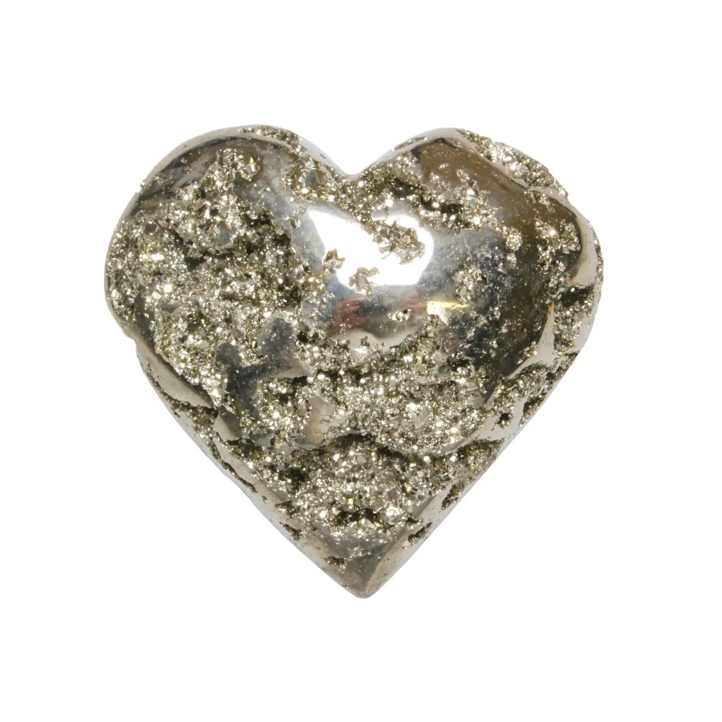 A polished, heart-shaped Pyrite crystal with a pale gold color and rough, sparkling surfaces.