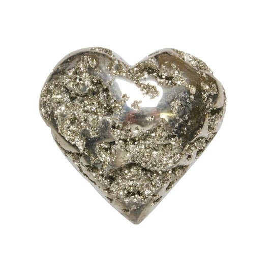 A polished, heart-shaped Pyrite crystal with a pale gold color and rough, sparkling surfaces.