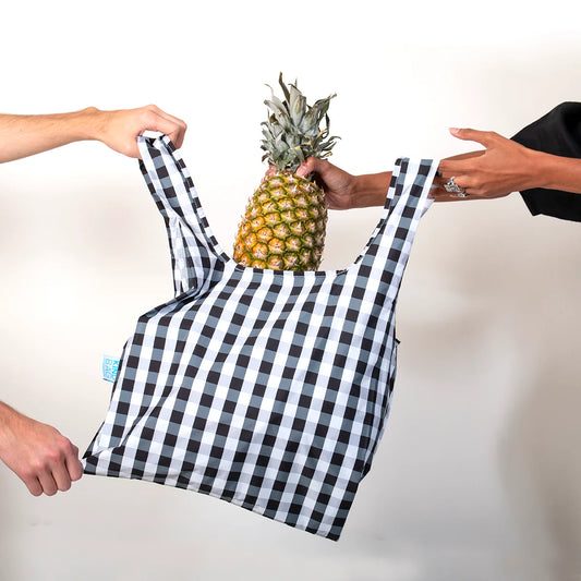Reusable black and white gingham shopping bag made from recycled materials