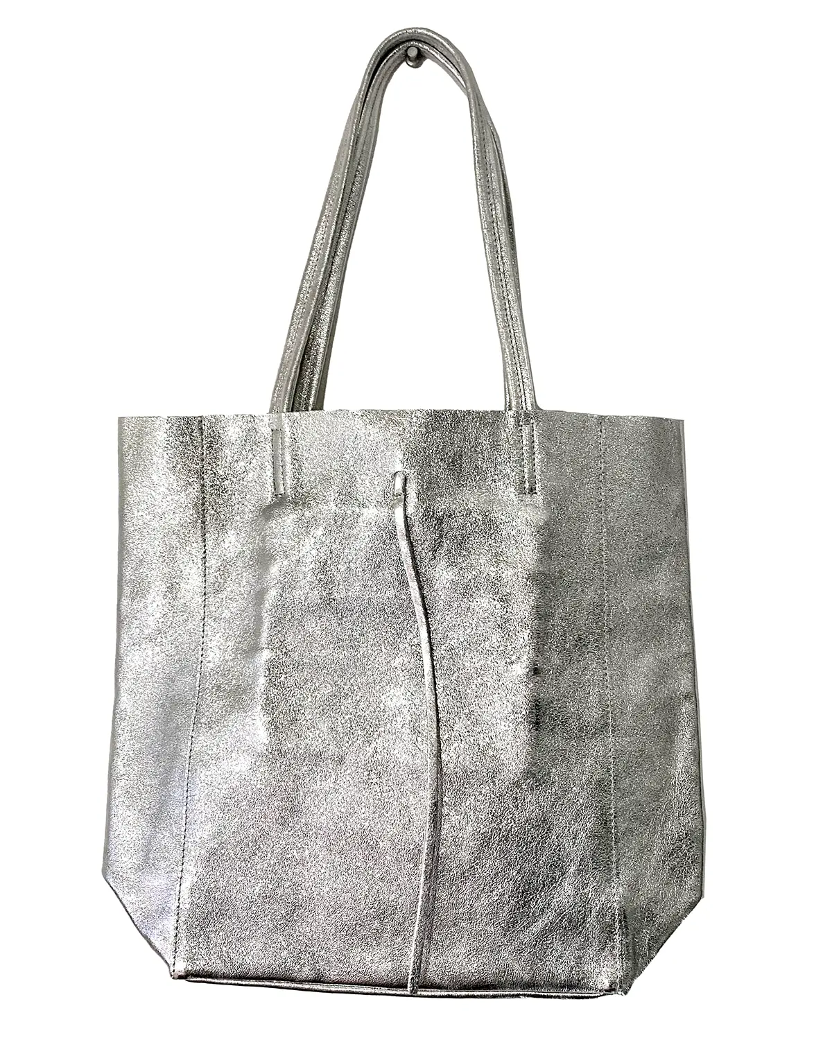 The Maison Fanli - Large Tote Metallic Silver on a white background. The gorgeous metallic leather looks and feels amazing.