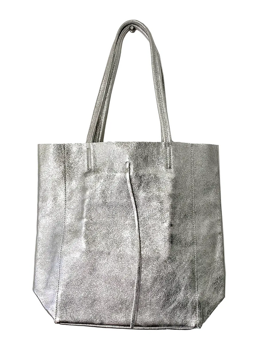 The Maison Fanli - Large Tote Metallic Silver on a white background. The gorgeous metallic leather looks and feels amazing.