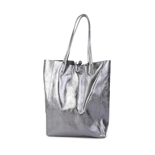 Silver metallic Maison Fanli large leather tote bag.