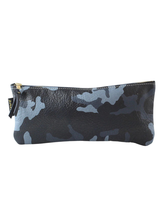 A dark camouflage patterned slim zip pouch with a gold-toned YKK zipper on a white background.
