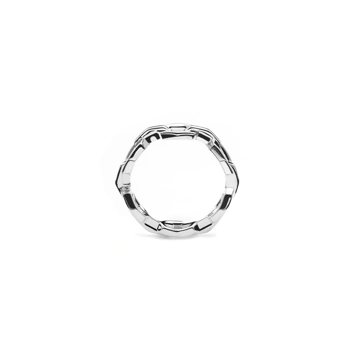 Unisex sterling silver chain ring with bold, industrial aesthetic