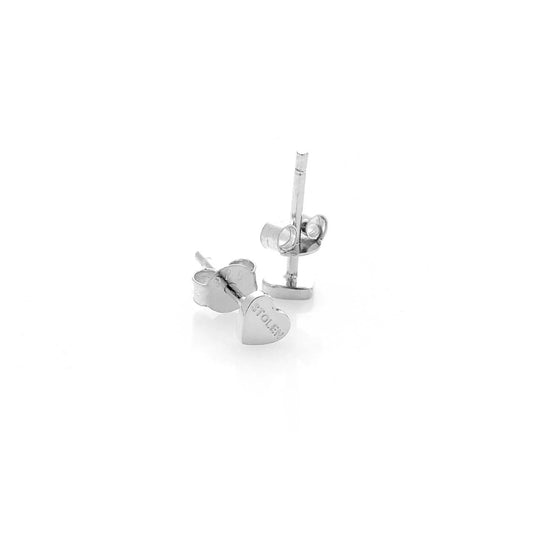 A pair of Stolen Girlfriends Club Silver Tiny Stolen Heart Earrings on a white background.