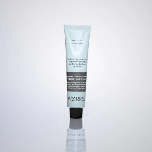 Cumquat hand cream by WØRKS with jasmine and moss, 120ml tube.