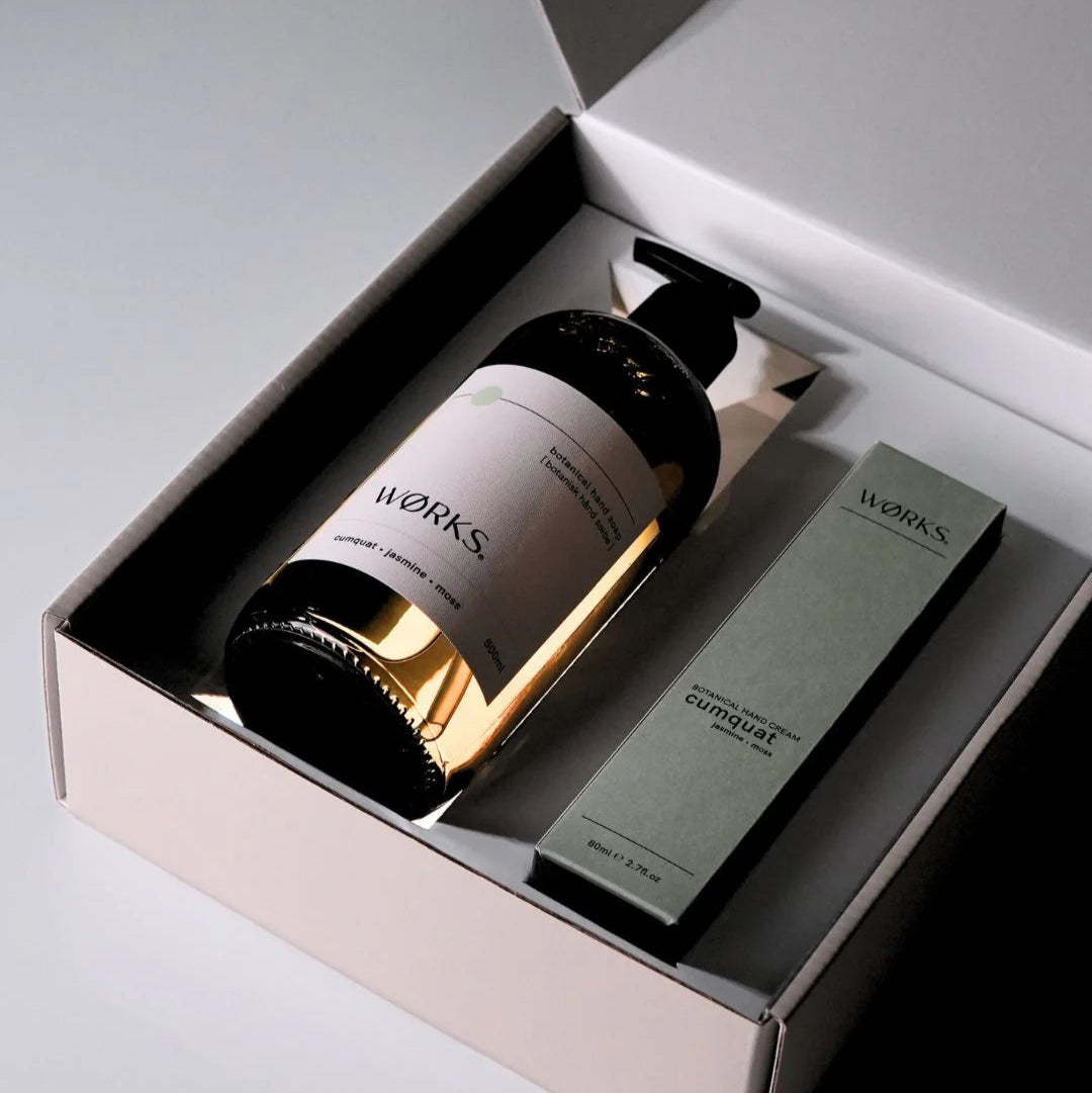 Cumquat hand soap and balm gift set by WØRKS with jasmine and moss.