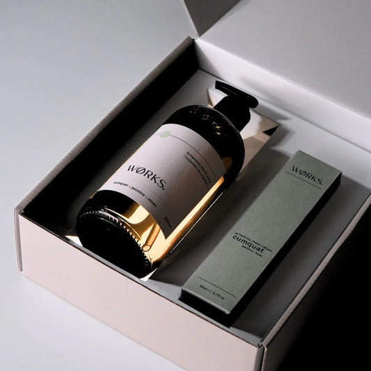 Cumquat hand soap and balm gift set by WØRKS with jasmine and moss.