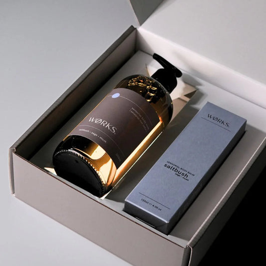 Saltbush body soap and balm gift set by WØRKS with sage and moss.