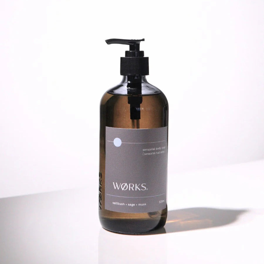 Saltbush body soap by WØRKS with sage and moss, 500ml bottle.