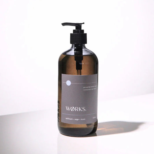 Saltbush body soap by WØRKS with sage and moss, 500ml bottle.
