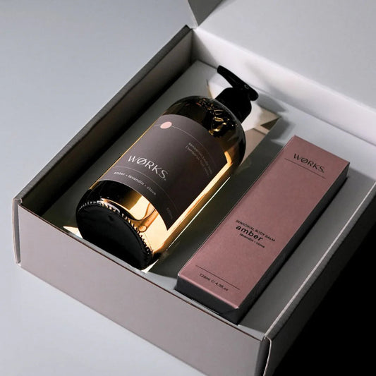 Amber liquid body soap by WØRKS with lavandin and clove, 500ml bottle.
