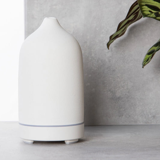 Alta Sphere white diffuser on a light gray surface with a plant in the background.