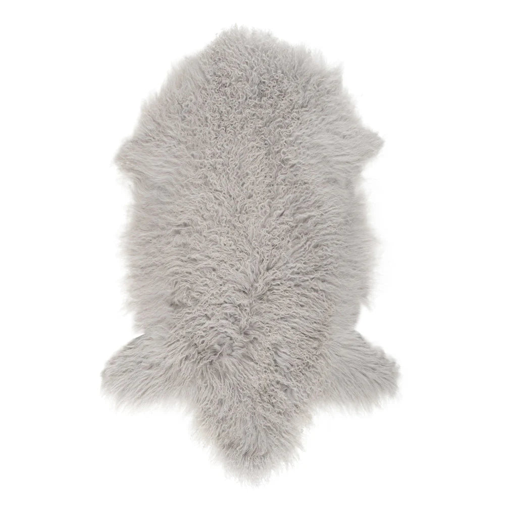 A top view of our Hides of Excellence Silver Grey Mongolian Sheepskin Throw Rug to give you and indication of it's natural shape and texture. 