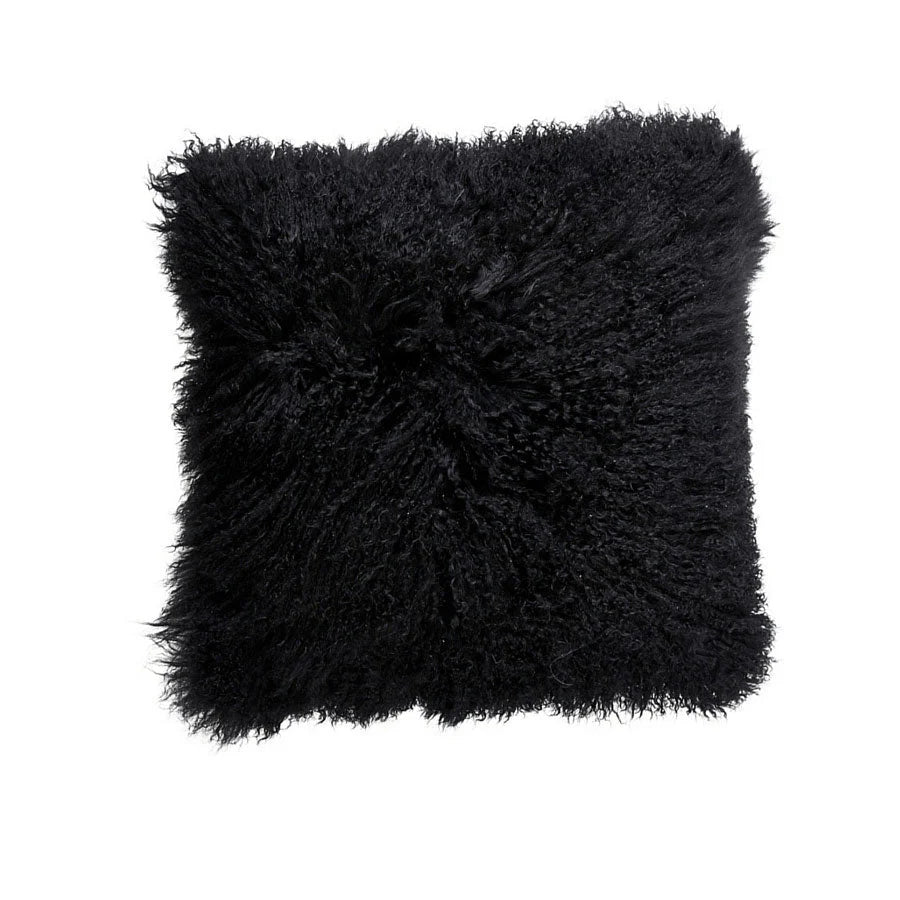 A Hides of Excellence Black Mongolian Sheepskin Cushion on a white background. It's 50 cm square and feels amazing to touch.