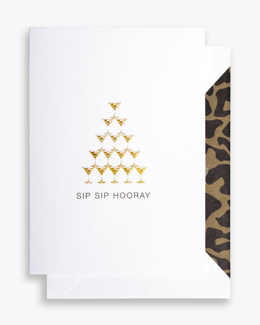 Sip Sip Hooray greeting card A6 on white background. Includes an leopard print lined envelope. Very cool.