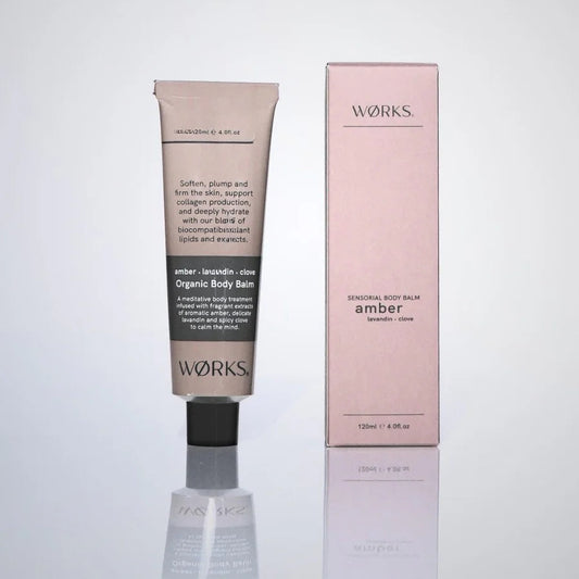 Amber body balm by WØRKS with lavandin and clove, 120ml tube.
