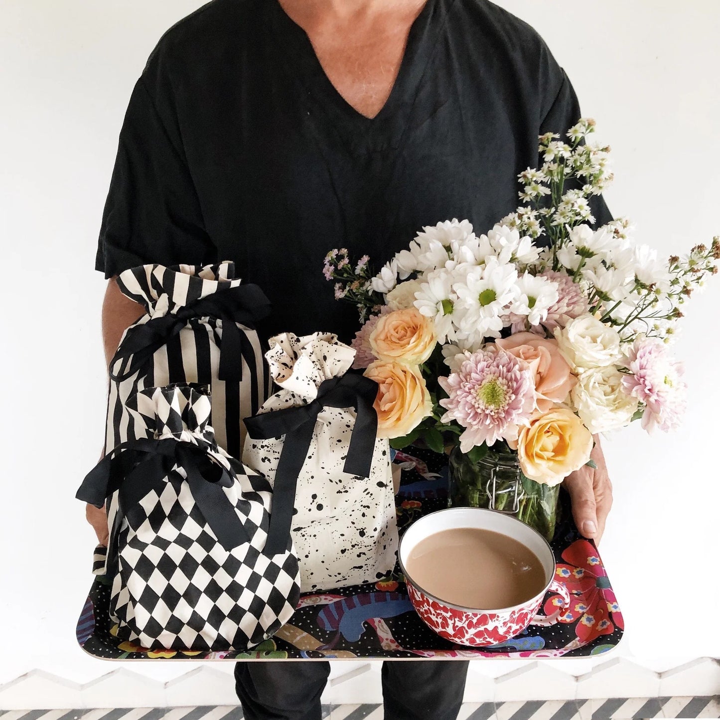Black & White Vertical Stripe Medium Chic Eco-Friendly Reusable Fabric Gift Bag | Sustainable & Stylish Wrapping