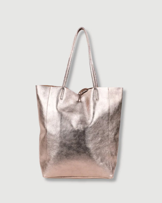 Metallic Maison Fanli leather tote bag in champagne gold with spacious interior and soft leather finish