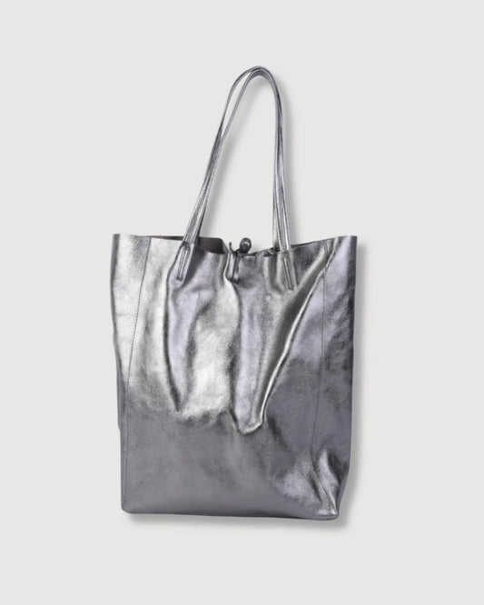 Metallic leather tote bag in gunmetal grey with spacious interior and soft leather finish