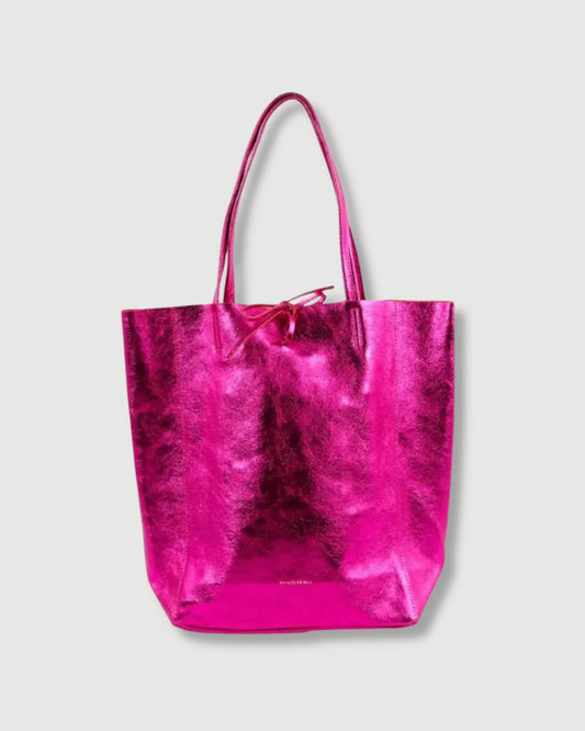 Metallic leather tote bag in hot pink with spacious interior and soft leather finish