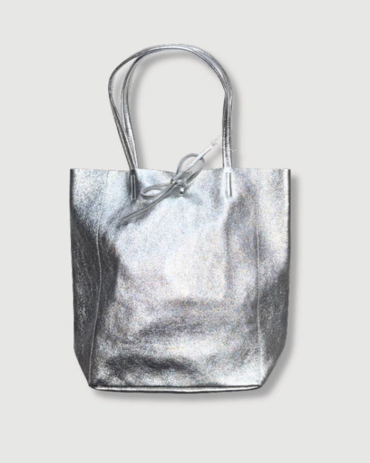 Metallic leather tote bag in silver with spacious interior and soft leather finish