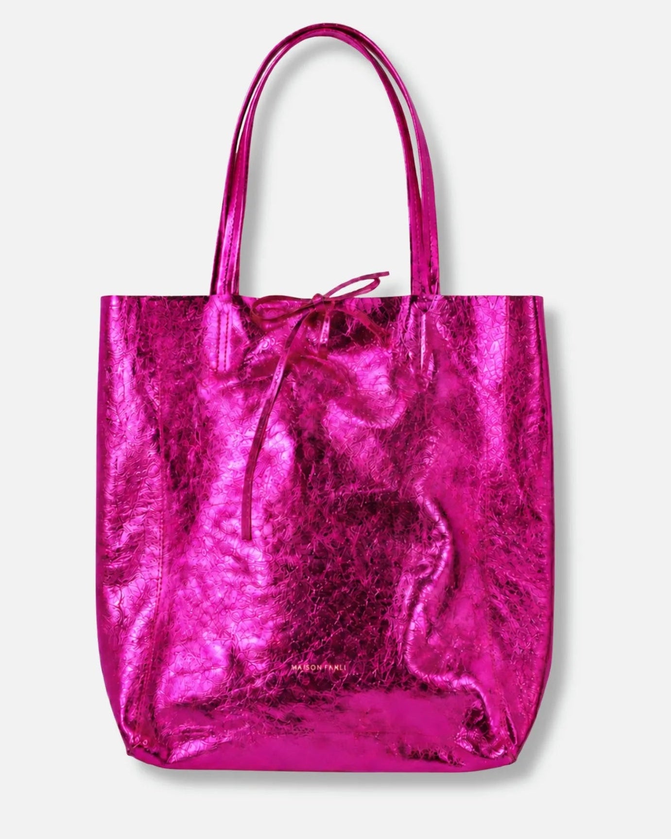 A metallic hot pink tote bag with a crinkled texture and matching drawstring tie, shown against a light gray background.