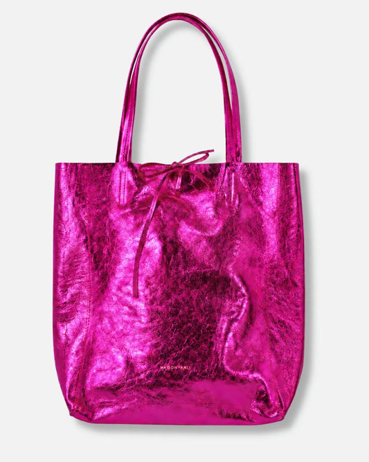 A metallic hot pink tote bag with a crinkled texture and matching drawstring tie, shown against a light gray background.