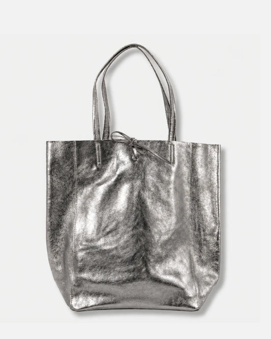 Gunmetal Metallic Italian Leather Tote Bag