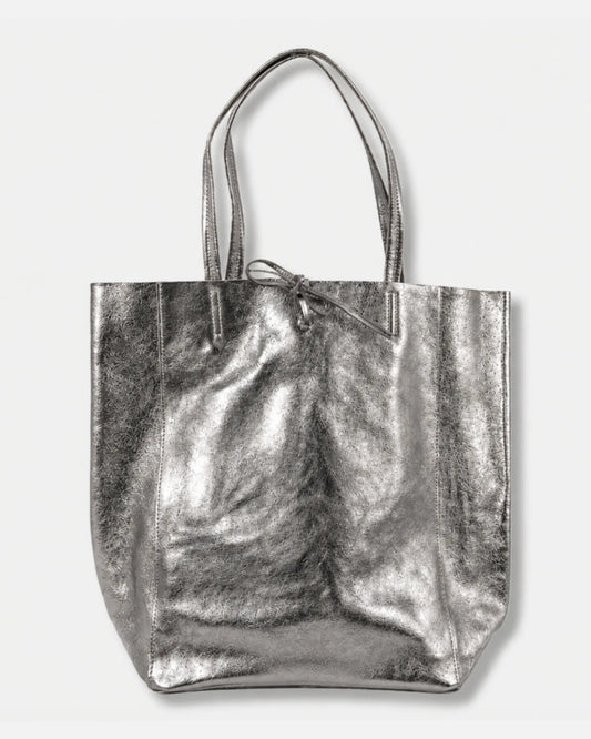 Gunmetal Metallic Italian Leather Tote Bag