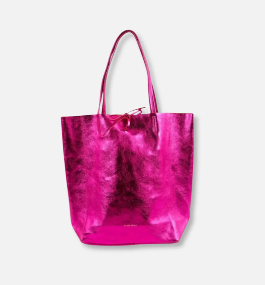 Fuchsia Metallic Italian Leather Tote Bag