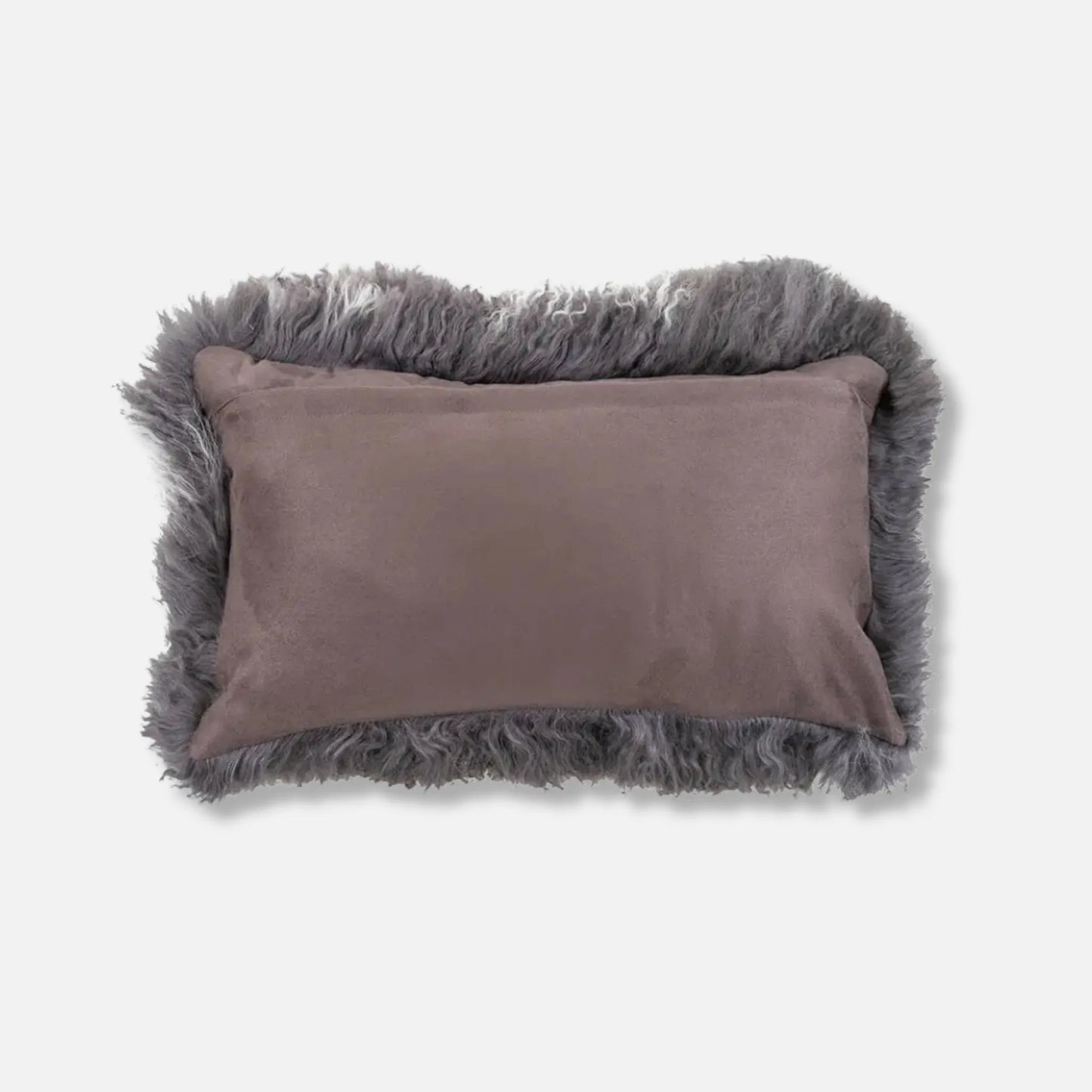 A rectangular lumbar pillow with a dusty mauve-grey suede-like centre and a shaggy grey faux-fur border, shown on a light grey background.