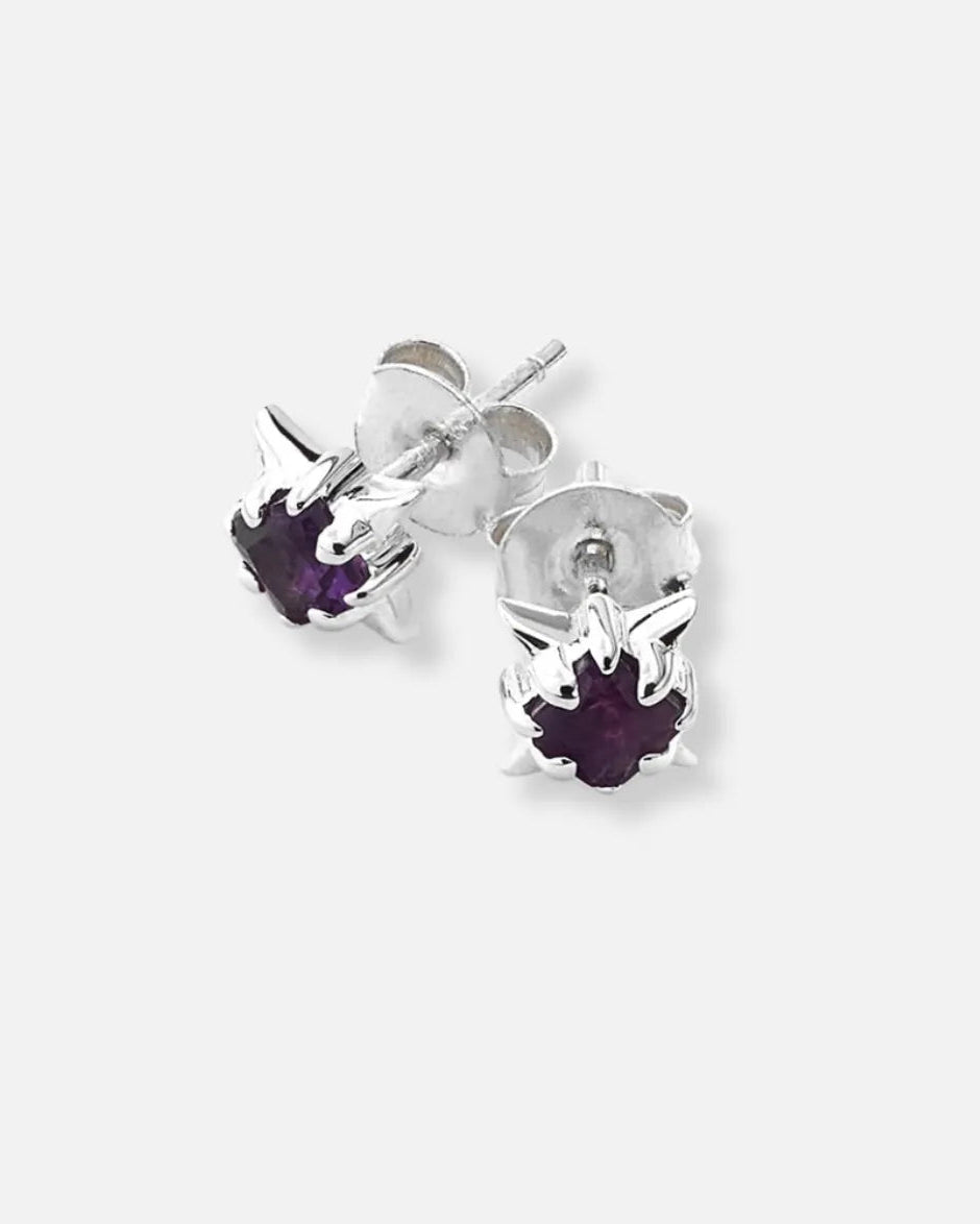 A pair of silver stud earrings with heart-shaped settings and deep purple gemstones, shown on a light gray background.