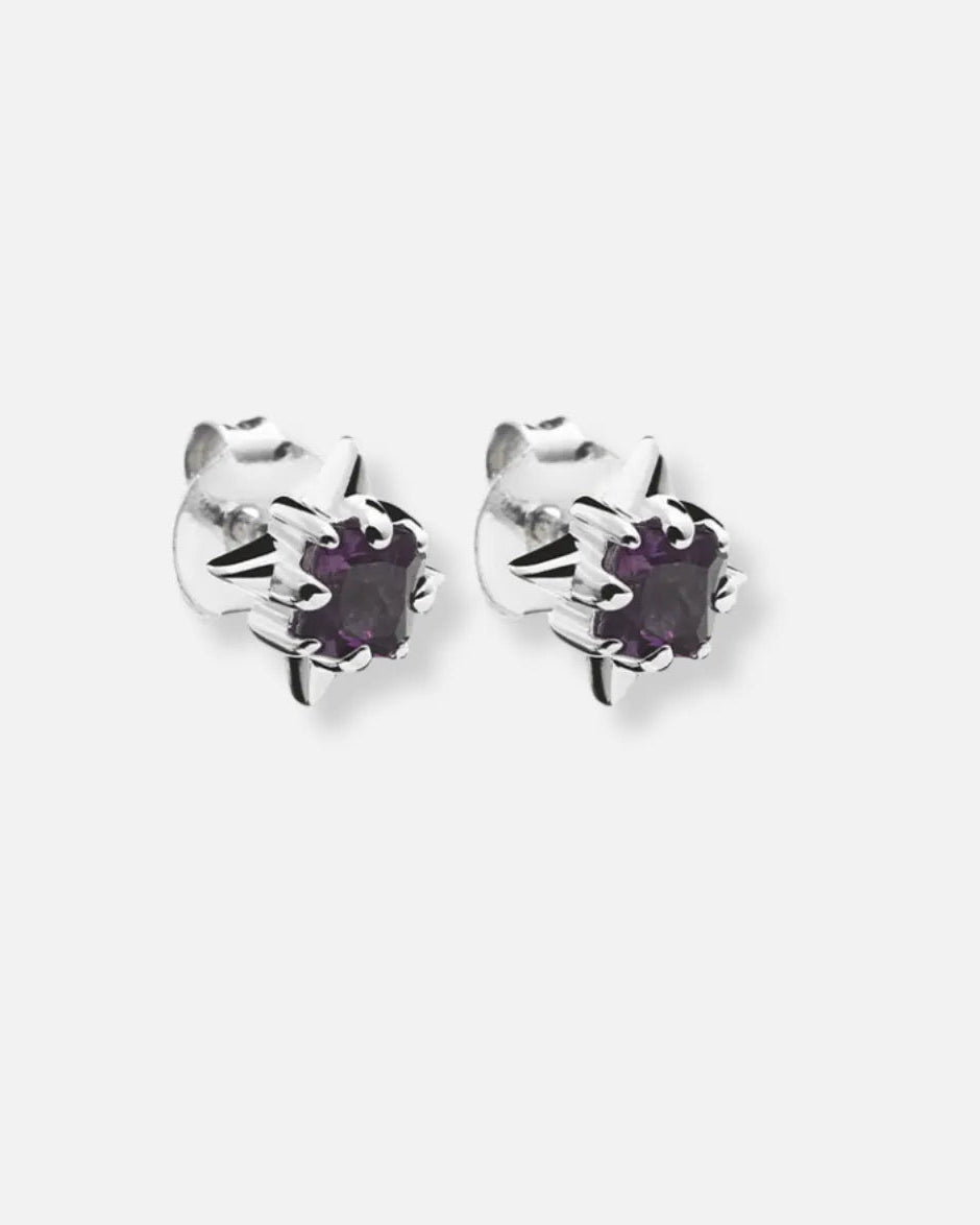 A pair of silver stud earrings with round dark purple gemstones in a prong setting, shown against a light gray background.