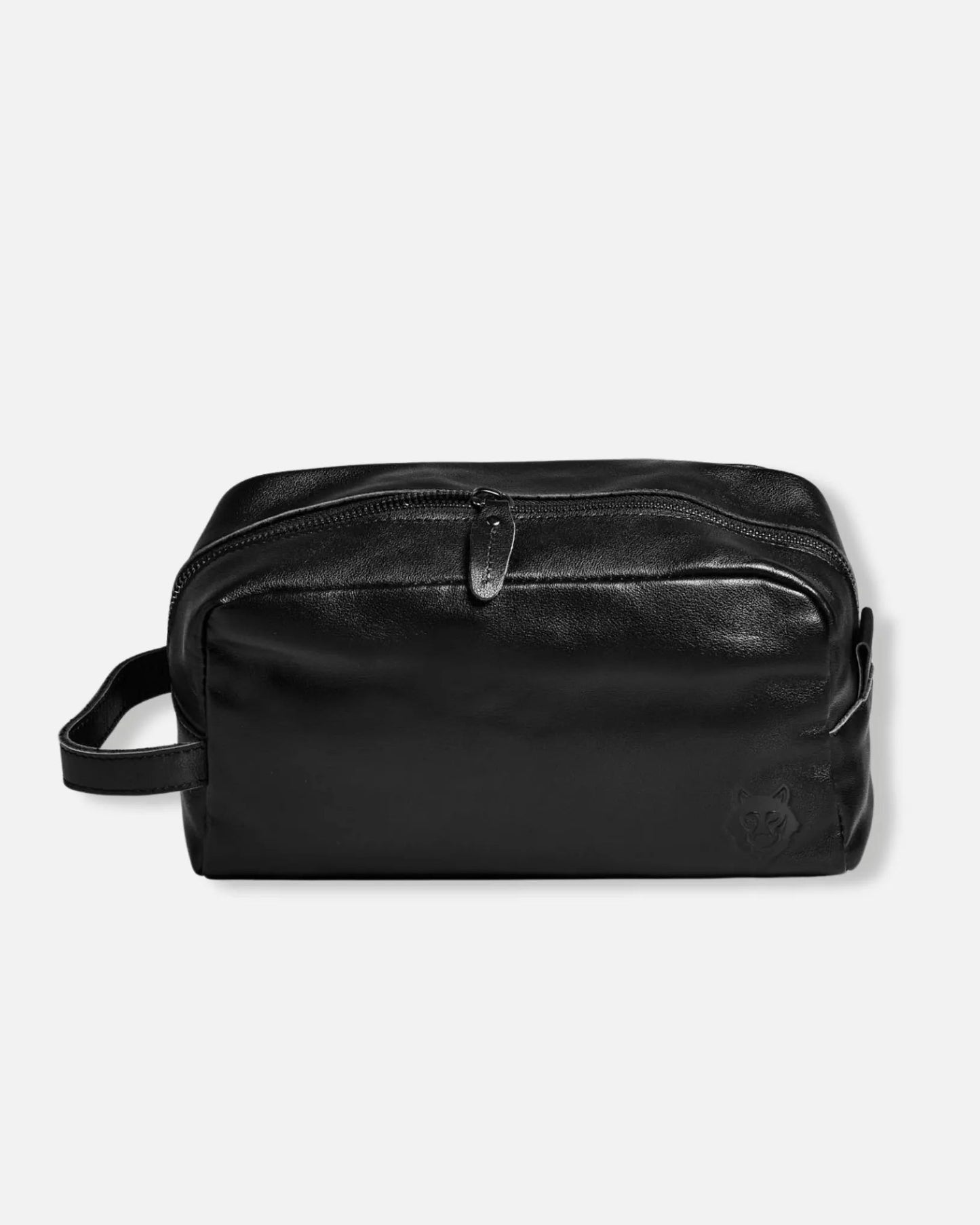 Black genuine leather toiletry bag with wolf debossing