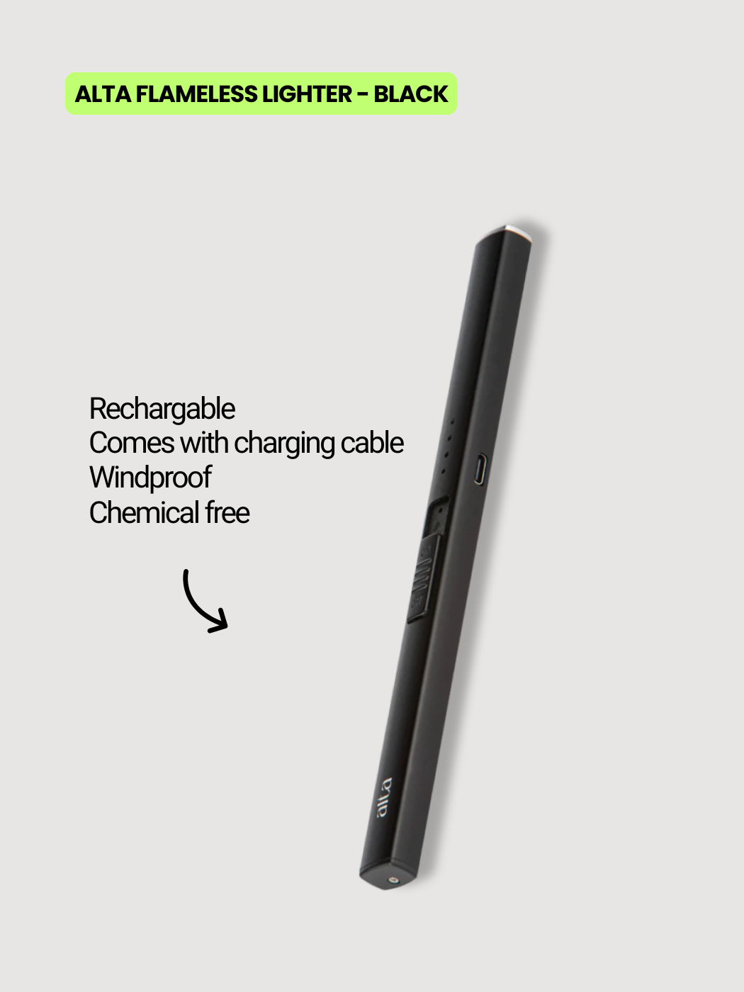 Altasphere rechargeable black flameless candle lighter, windproof and USB powered for safe lighting