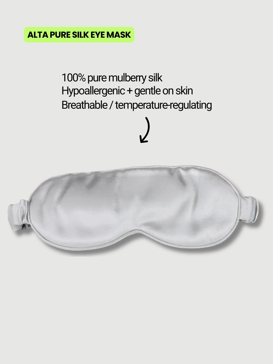 Mulberry silk sleep mask 22 momme in grey, soft breathable and gentle on skin and hair