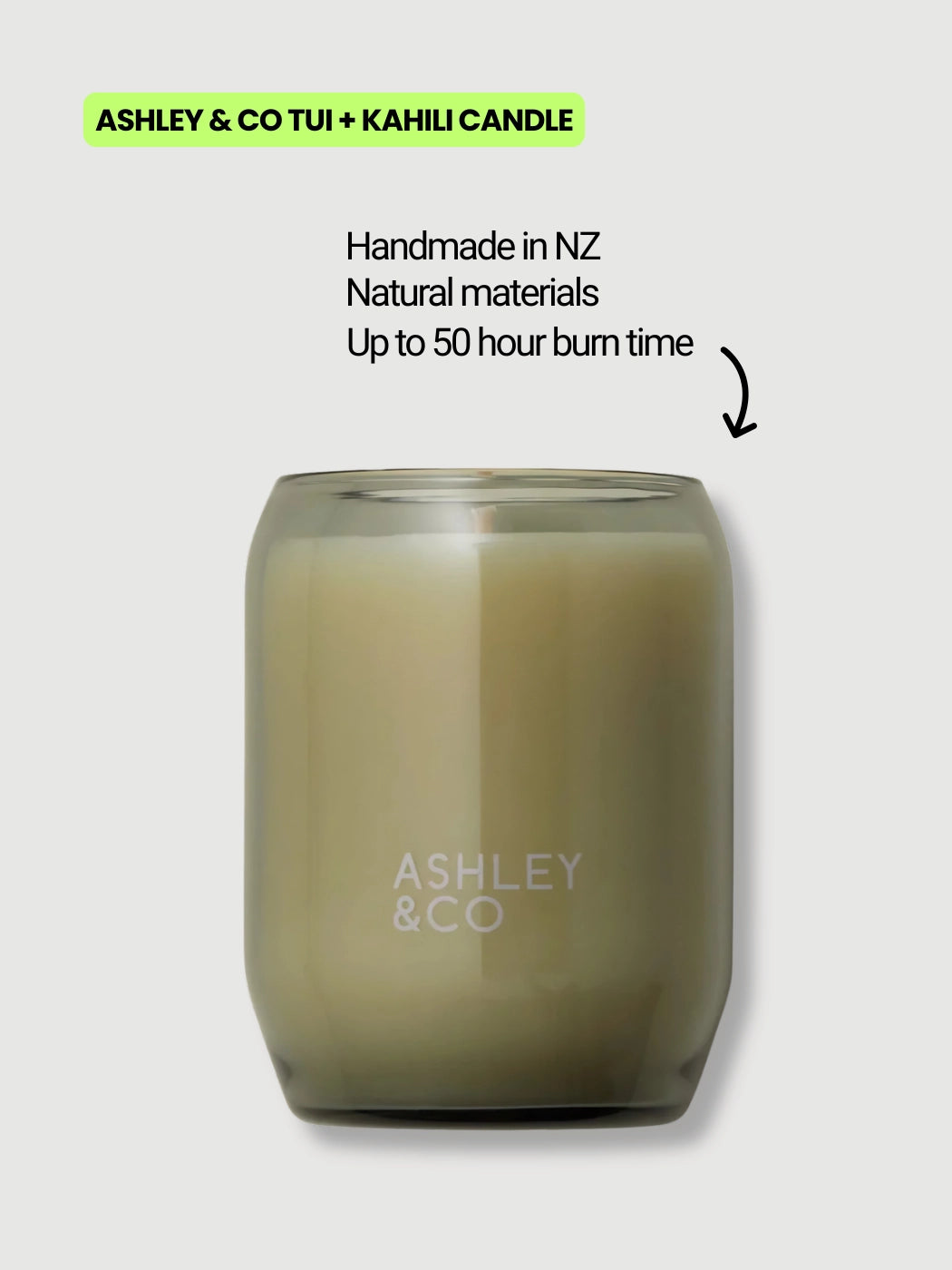 Ashley and Co Tui and Kahili waxed perfume candle 310g, natural soy candle with warm floral scent