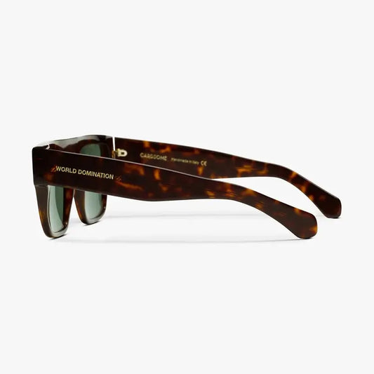 Side view of classic tortoise boyfriend sunglasses by Cardsome with WORLD DOMINATION printed on the arm