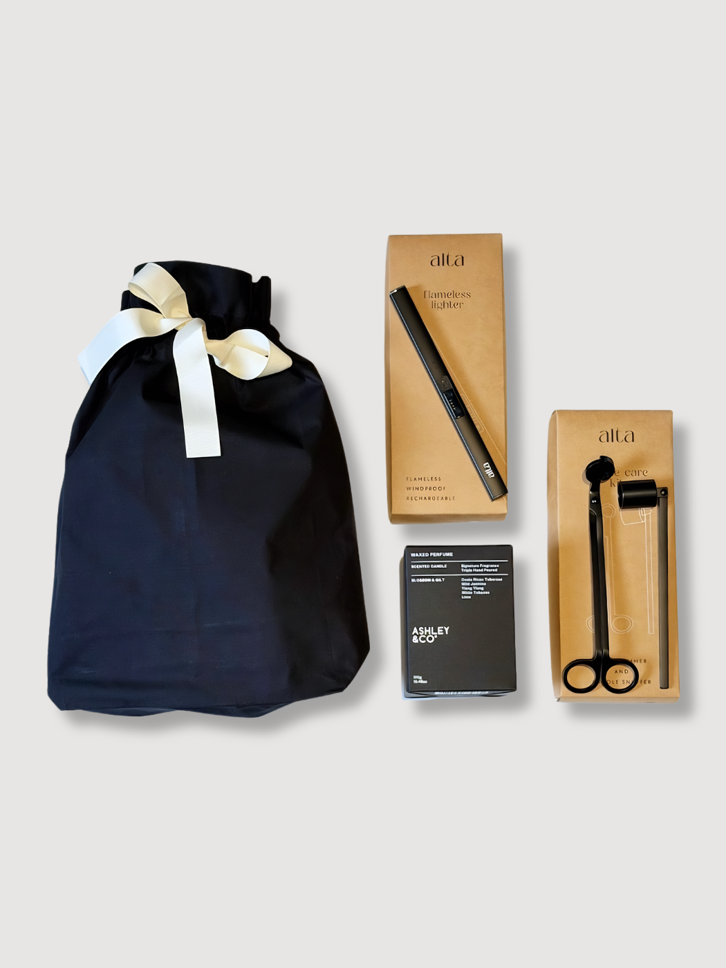 Luxury candle gift set with Ashley and Co candle, flameless lighter, candle care kit and reusable cotton gift bag