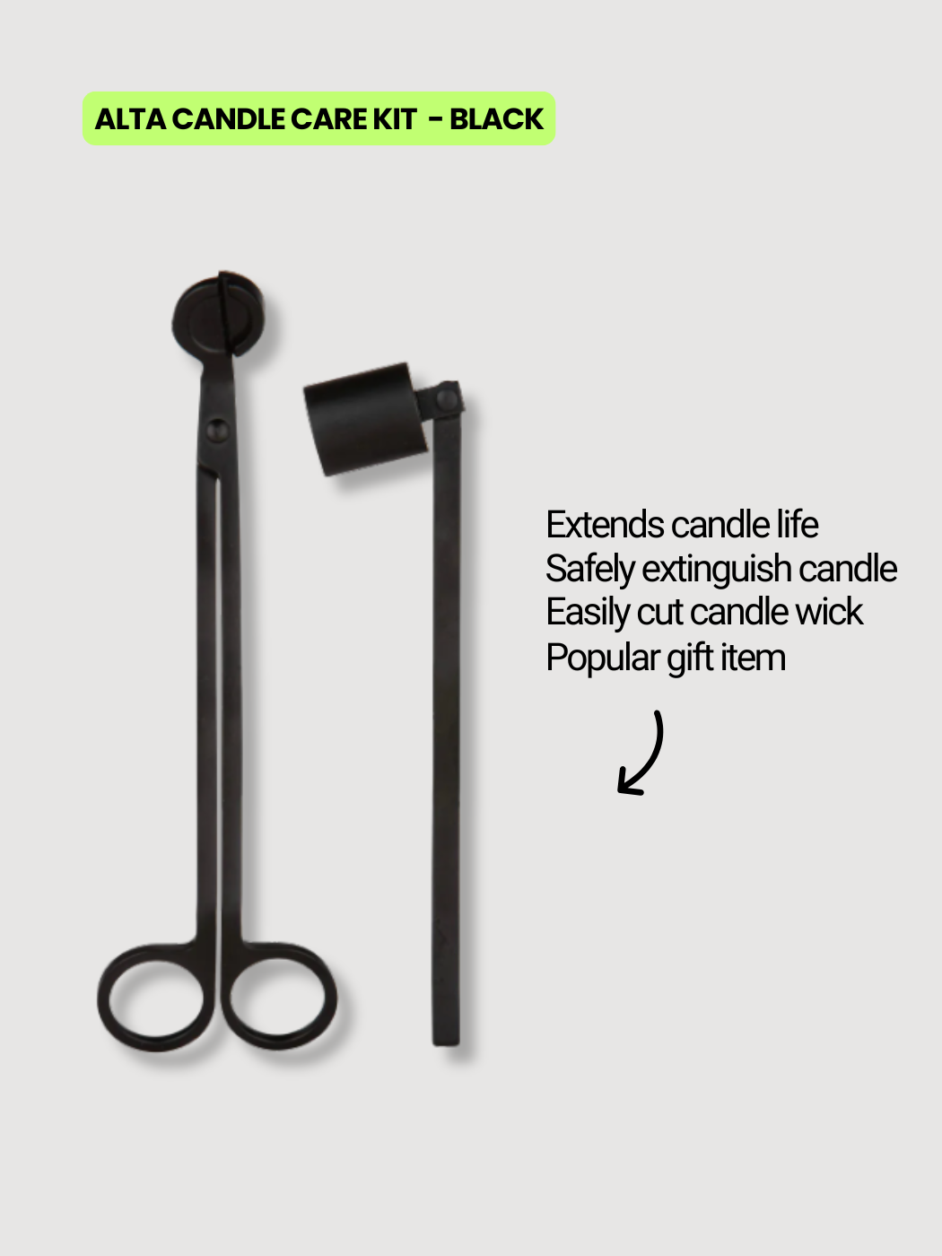 Black candle care kit by Altasphere with wick trimmer and snuffer to extend candle burn life