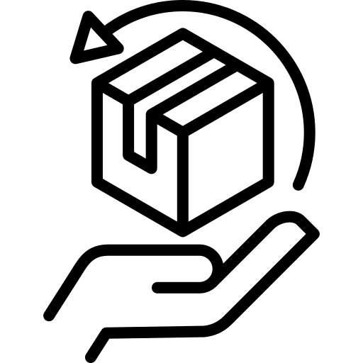 Icon of a hand holding a box with an arrow, symbolizing logistics or delivery.