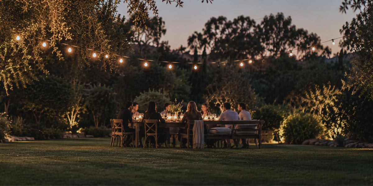 Outdoor dinner party in a garden with guests gathered around a table beneath warm string lights