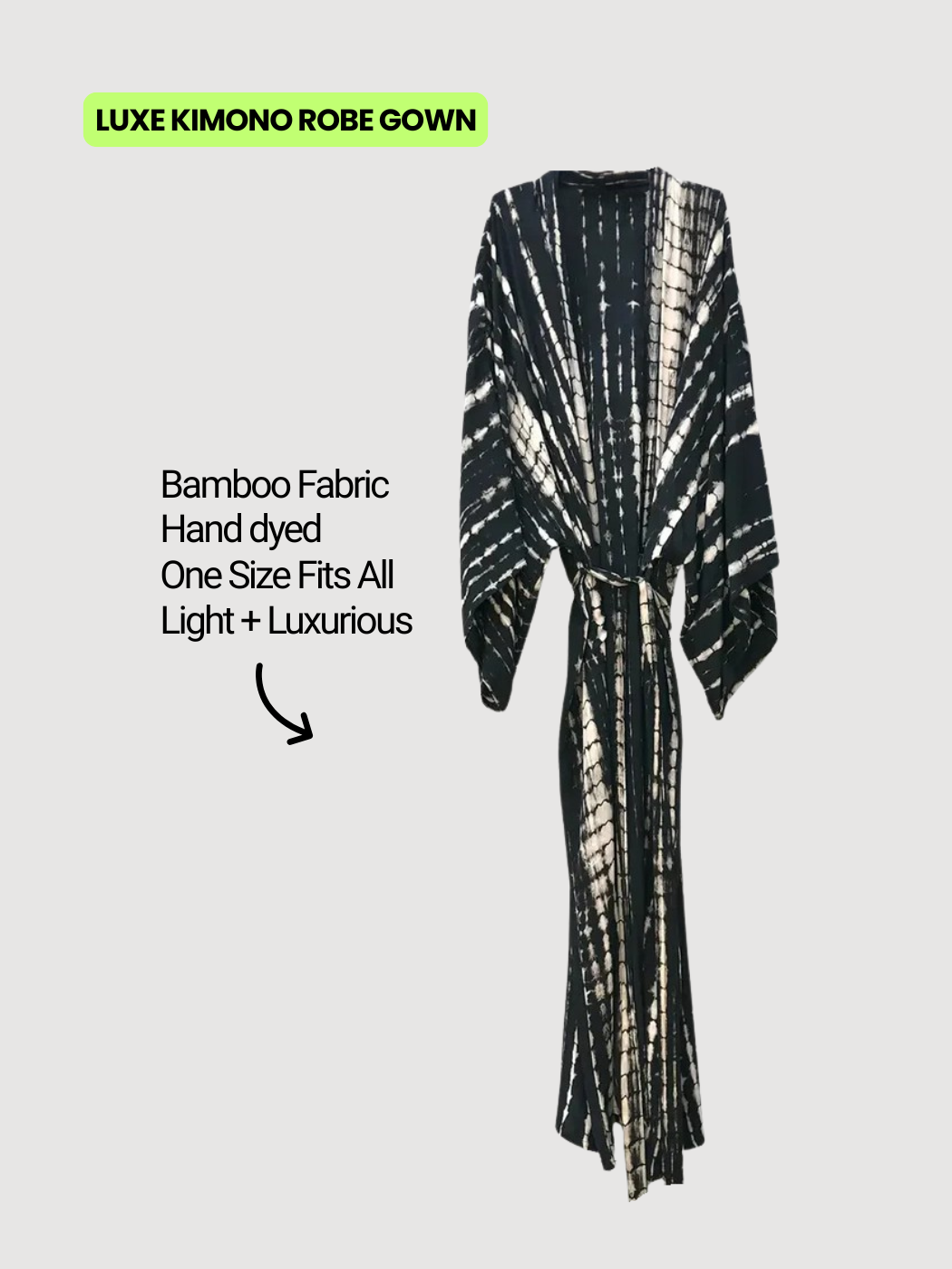 Luxury black and white kimono robe, hand-dyed bamboo fabric, lightweight and one size fits all, featured in The Sunday Robe gift box