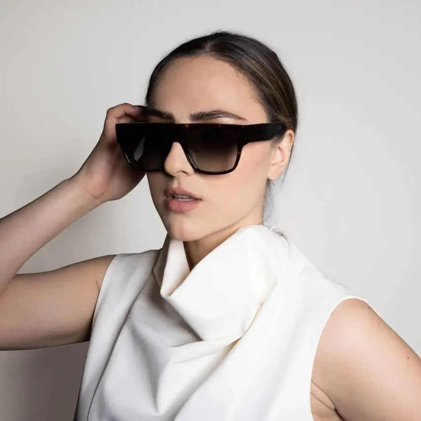 Model wearing Betty tortoise d-frame sunglasses
